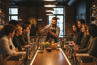 en gruppe mennesker og en bartender der lærer dem at lave cocktails